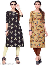 American Crepe straight cut Kurti set for women and girls (2 pack), featuring all-over printed design, three-quarter sleeves, and sizes S-XXL. Perfect for casual and festive occasions. Made in India