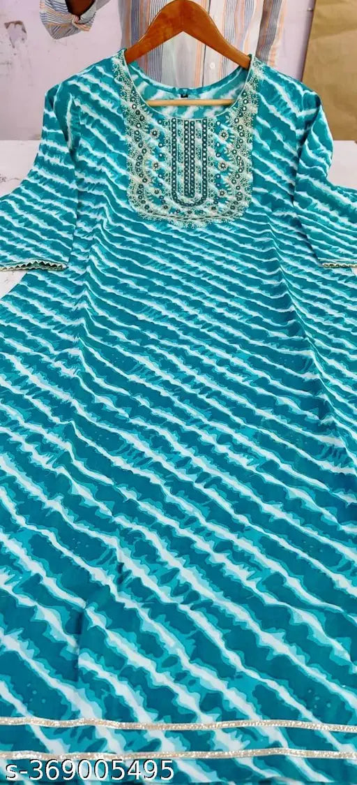 Blue Rayon Embroidered Yokr Kurti and Leheriya Print with Lace Border, women's three-quarter sleeve kurti, 5XL size, Indian handcrafted embroidery work on neck, winter wear, low price