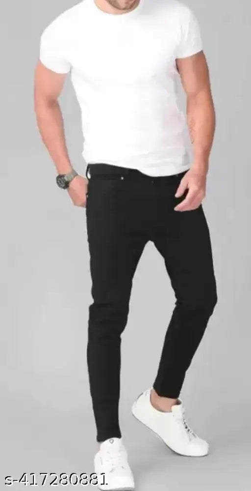 Black denim mens slim fit jeans, comfortable street wear with affordable price and mid-rise silhouette