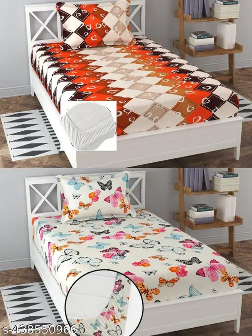 Aone Branded Prime collections Super Soft 2 Single Fitted (Elastic) Cotton Bedsheet with 2 Pillow Covers, 60X90 Inch, Multi-colored, Machine Washable, Breathable & Moisture-wicking, Ideal for AC Room Decor