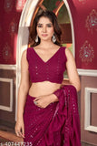 Pink embellished poly-georgette saree with solid border, ruffled unstitched blouse piece - Indian designer fashion