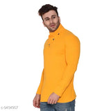 Yellow cotton blend solid shawl collar T-shirt for men, long sleeves, size S (38in chest, 26in length). Casual, comfortable, premium quality direct from Indian manufacturers. Perfect fit and handsome look