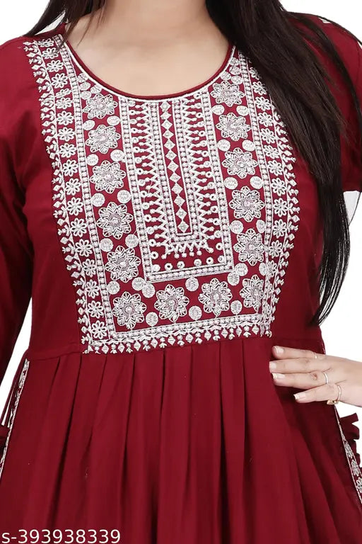 Soft cotton blend Naira cut kurta, three-quarter sleeves, solid pattern. Ideal for casual occasions, knee length. Crafted in India, comfortable for all-day wear