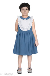 Blue cotton crepe dress, sleeveless, solid pattern, for kids aged 5-14 years, India origin