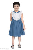 Blue cotton crepe dress, sleeveless, solid pattern, for kids aged 5-14 years, India origin