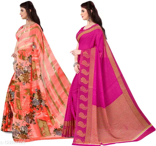 Multicolor Georgette sarees pack, printed floral design for daily wear, India-made free size set with separate blouse pieces