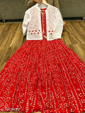 Red rayon flared kurta with shifli jacket, printed three-quarter sleeves, vibrant red traditional Indian outfit for women