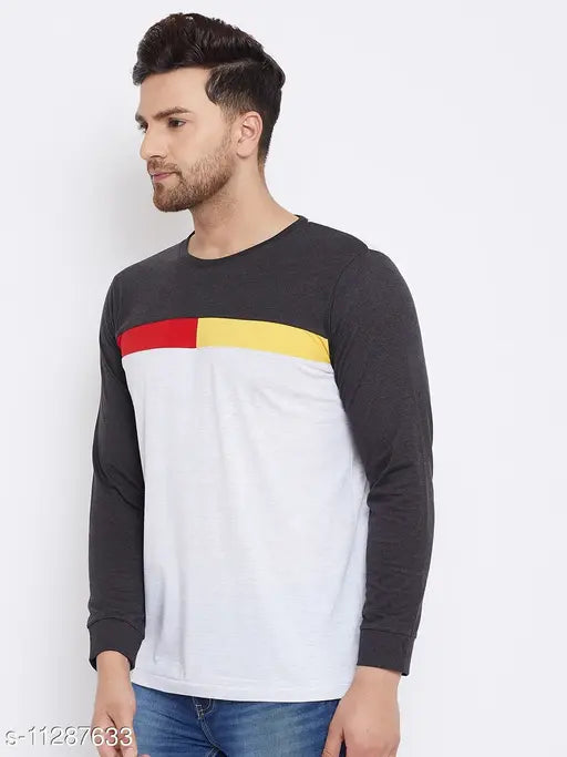 Gray cotton-blend colorblocked men's t-shirt with long sleeves and round neck, printed pattern. Men's clothing accessory on hanger