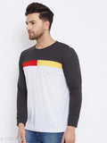 Gray cotton-blend colorblocked men's t-shirt with long sleeves and round neck, printed pattern. Men's clothing accessory on hanger