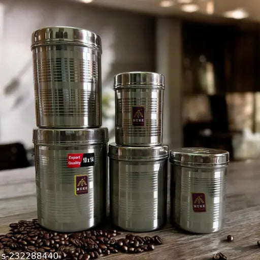 Stainless steel dibba container set, high-quality 5pcs (500ml - 2L), airtight and leak-proof for dry food storage, India origin