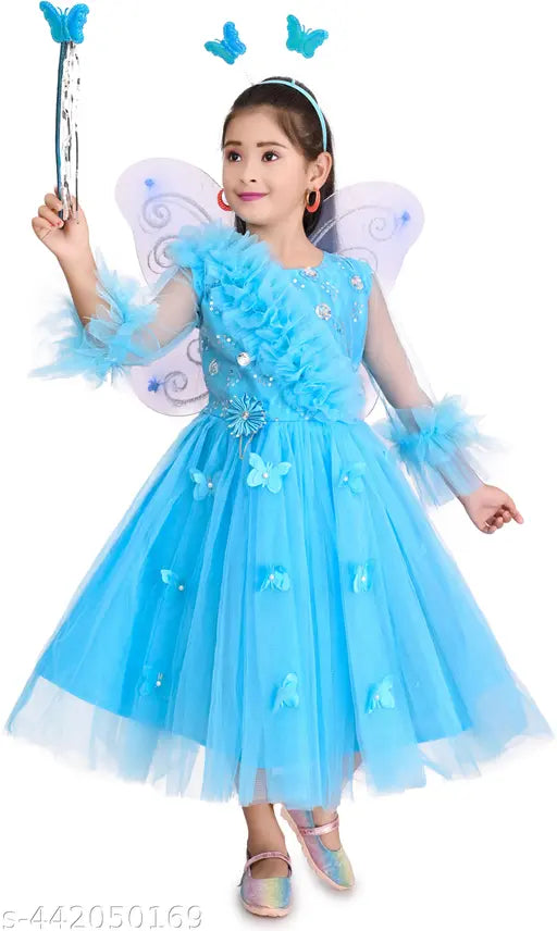 Girls' embellished net midi-length Pari frock for birthday parties, three-quarter sleeve design in various sizes (2-3yrs - 10-11yrs) from India