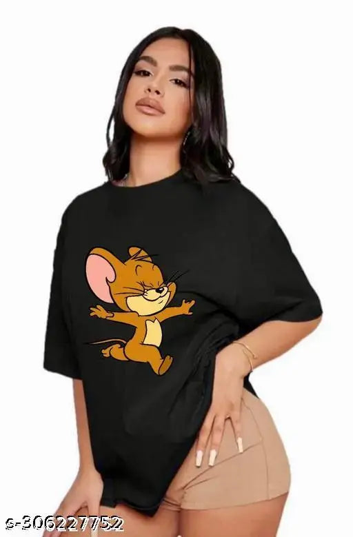 Black cotton printed oversized women's t-shirt with off-shoulder style, ideal for casual wear