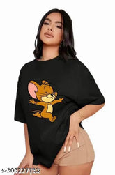 Black cotton printed oversized women's t-shirt with off-shoulder style, ideal for casual wear