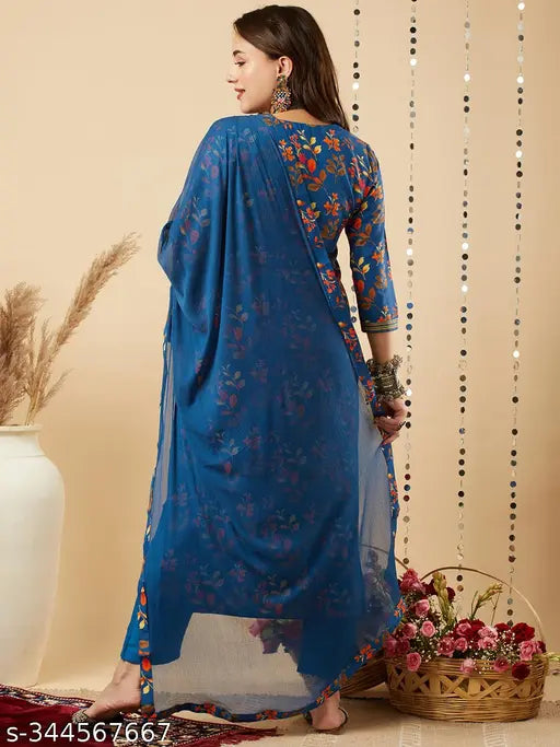 Blue cotton blend floral printed straight kurta with trousers & dupatta, Indian designer women's ethnic wear in three-quarter sleeves