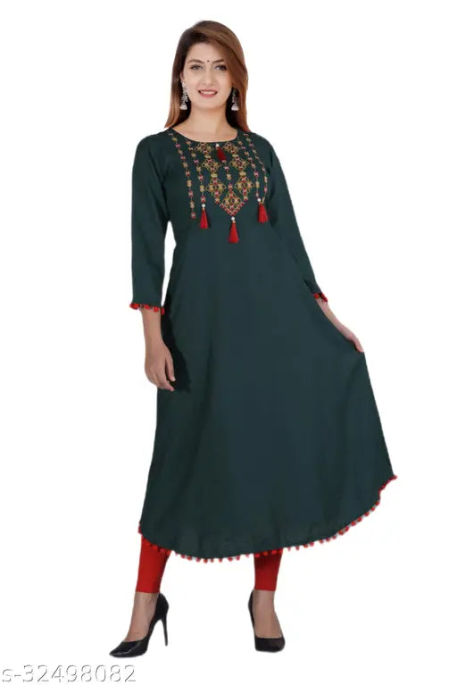 Rayon embroidered anarkali kurti, three-quarter sleeves, India origin