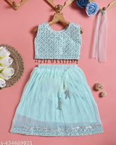 Vibrant chiffon Lehanga Cholis set, intricately embellished, perfect for festive occasions. Indian kids' ethnic wear in premium quality fabrics