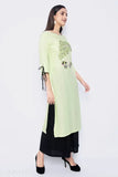 Embroidered rayon straight kurta, three-quarter sleeves. Indian women's fashion with intricate embroidery detail