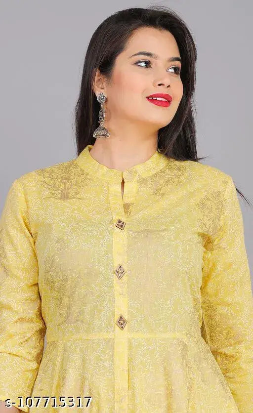 Rayon Gold printed kurti, handwoven with intricate Indian designs on three-quarter sleeves