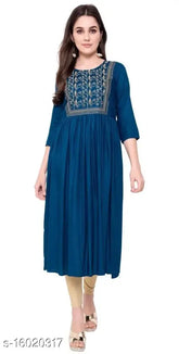 Embroidered rayon kurti, three-quarter sleeves, Indian women's fashion