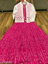 Pink extra-size ankle length Anarkali Kurta with Shifli Jacket, rayon fabric, printed pattern, trendy plus size Indian ethnic wear