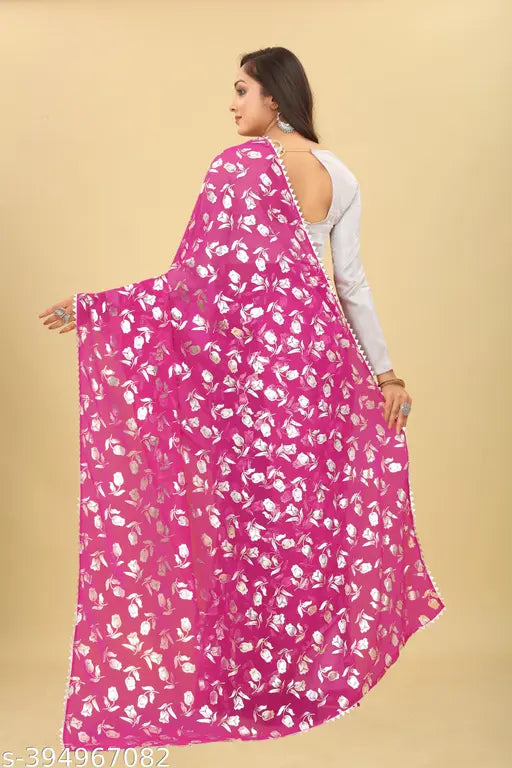 Poly Georgette printed saree with separate satin silk blouse, ideal for weddings and festivals, originated in India