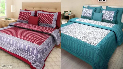 Jaipuri cotton double bed bedsheet combo pack, 2 bedsheets with 4 pillow covers - tribal print, summer season adult bedding from India