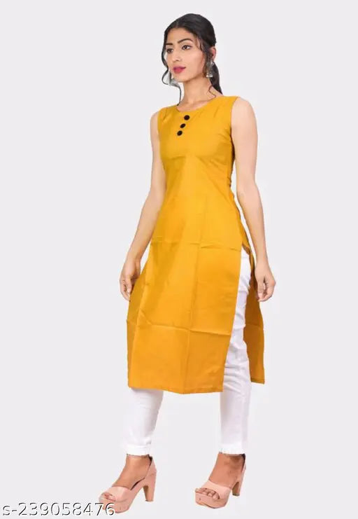 Yellow colorblocked cotton kurti for women, sleeveless style, S-XXXL sizes available
