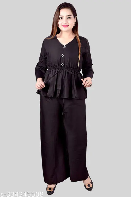 Black crepe women's top and bottom set with shrug, three-quarter sleeves. Stylish regular outfit from India