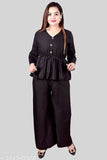 Black crepe women's top and bottom set with shrug, three-quarter sleeves. Stylish regular outfit from India