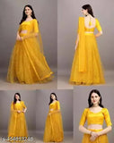 Yellow semi-stitched net lehenga choli with floral embellishments and classic blouse, India