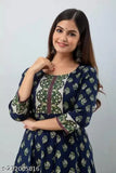 Blue rayon kurti with three-quarter sleeves, printed combo design. Close-up image of a single size 'S' Indian fashion wear