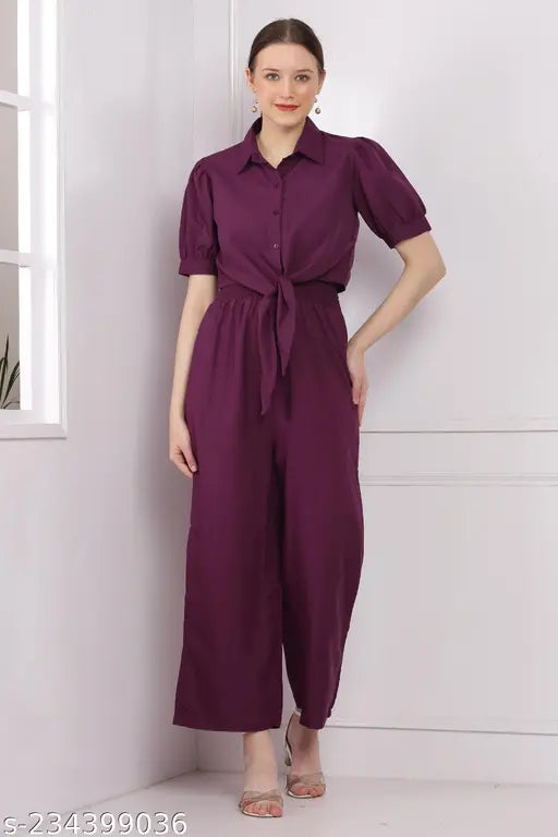 Women's solid 2-piece jumpsuits in poly crepe, stylish shrug for parties, events, or business. Indian origin, quality guaranteed