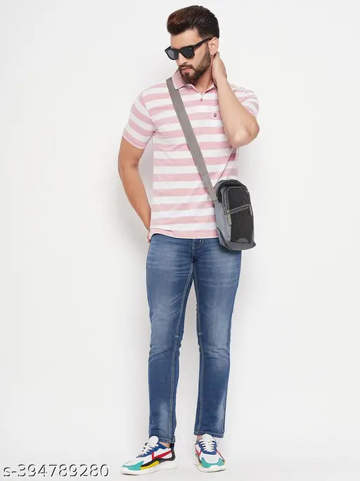 Striped cotton blend polo t-shirts for men, pack of 2 by UNIBERRY, short sleeves and pocket detail