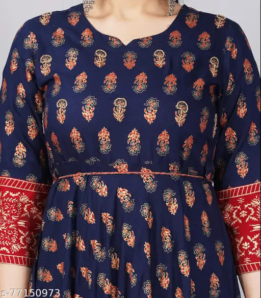 Gold print Anarkali kurta with Dori, rayon, three-quarter sleeves, printed combo. Indian traditional festive wear for women