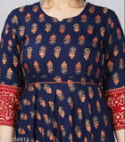 Gold print Anarkali kurta with Dori, rayon, three-quarter sleeves, printed combo. Indian traditional festive wear for women