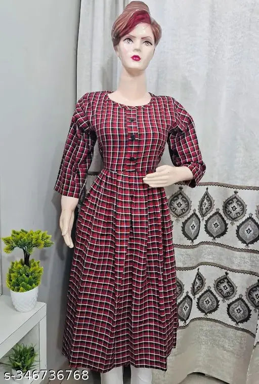 Maroon woolen check kurti for winter, 3/4 sleeve, casual or formal wear, high-quality wool fabric