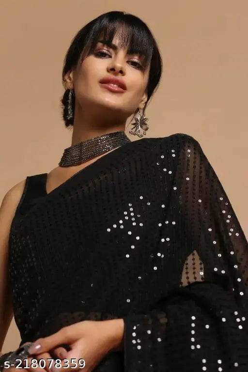 Black Banarasi Silk pleated saree embellished with sequins, free size (5.5m saree length, 0.8m blouse length)