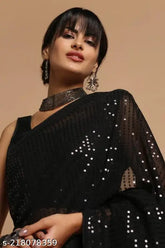 Black Banarasi Silk pleated saree embellished with sequins, free size (5.5m saree length, 0.8m blouse length)