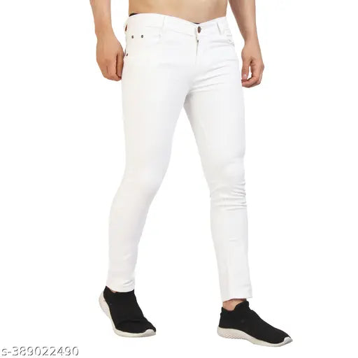 Mens white denim jeans, high-quality, versatile wardrobe essential for casual or smart-casual wear, machine washable