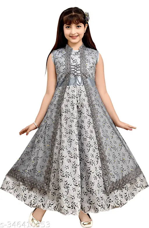 Pink net floral printed full-length gown for girls, sleeveless, Indian origin