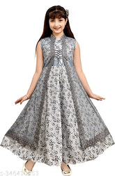 Pink net floral printed full-length gown for girls, sleeveless, Indian origin