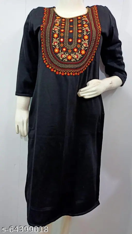 Embroidered black wool kurti with three-quarter sleeves, camellia design. Perfect for various occasions. Indian handcrafted women's fashion