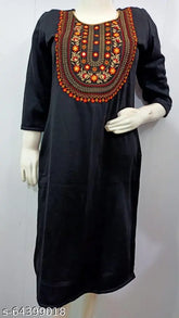 Black embroidered wool kurti, three-quarter sleeves, women's straight cut, camellia design, Indian origin