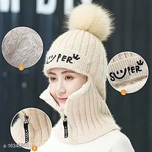 Solid acrylic, warm woolen faux fur pompom balaclava cap with face mask - PinKit women's & girls winter accessory