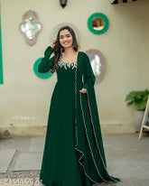 Green Georgette Anarkali Gown with Embroidery, Solid Sleeve Long Dress for Women