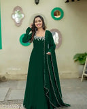 Green Georgette Anarkali Gown with Embroidery, Solid Sleeve Long Dress for Women