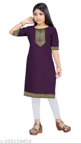 Cotton blend, embroidered net, three-quarter sleeve kurti for girls aged 10-11, Indian traditional clothing