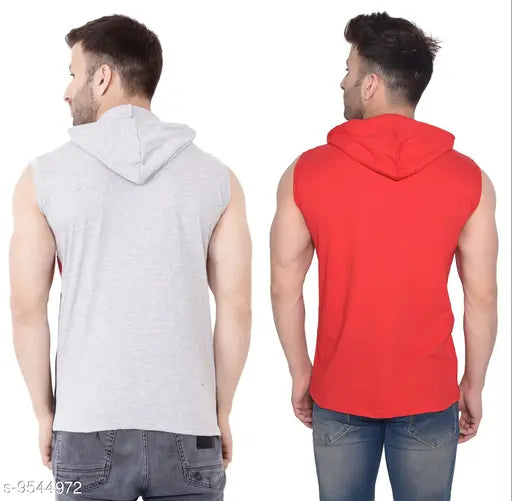 Multicolor cotton blend sleeveless men's colorblocked hood T-shirt pack, featuring sizes S, M, L, XL from India