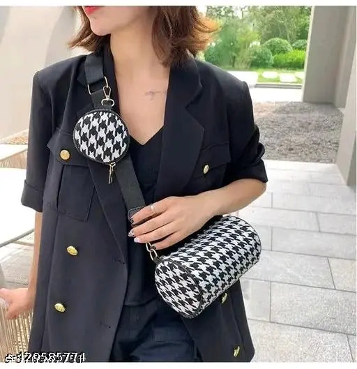 PU Black & White Checkered sling bag pack of 2, ideal for versatile outfits. Made in India