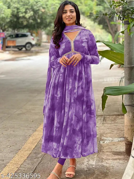 Women's Georgette V-Neck Floral Printed Anarkali Gown with Dupatta - Indian designer, long sleeves, festive wear